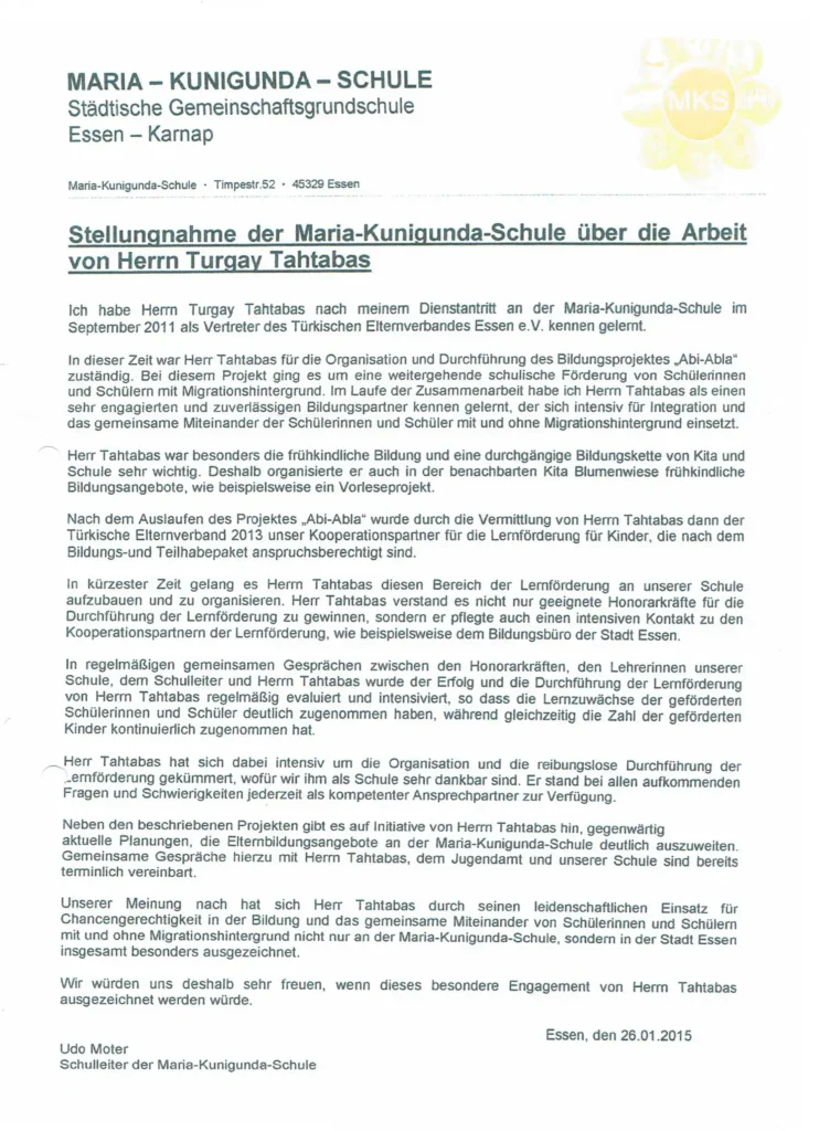 Referenz für Turgut Tahtabas von der Maria Kunigunda Schule