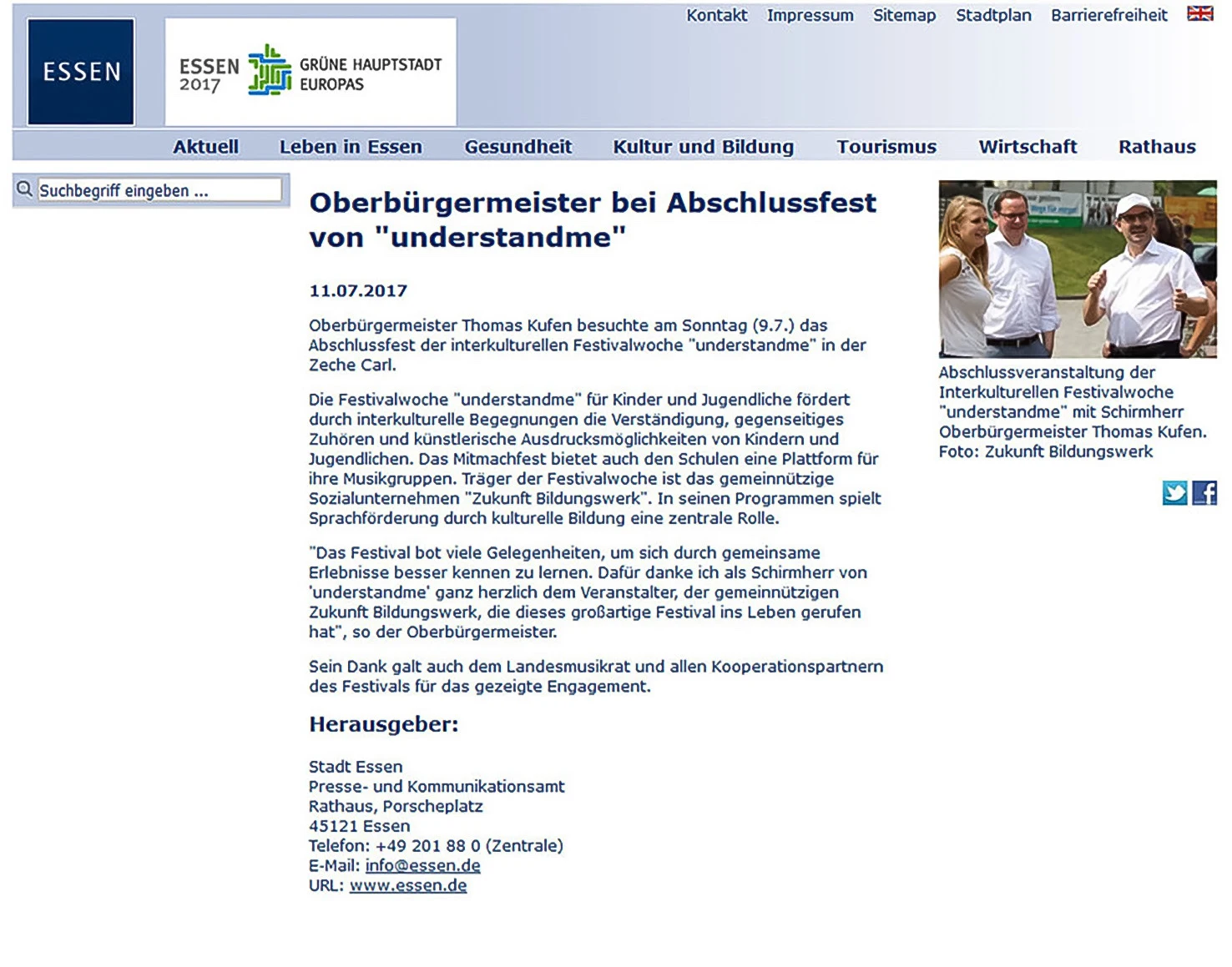 Presse-Mitteilung zum Abschlussfest "understandme" der Stadt Essen von 2017