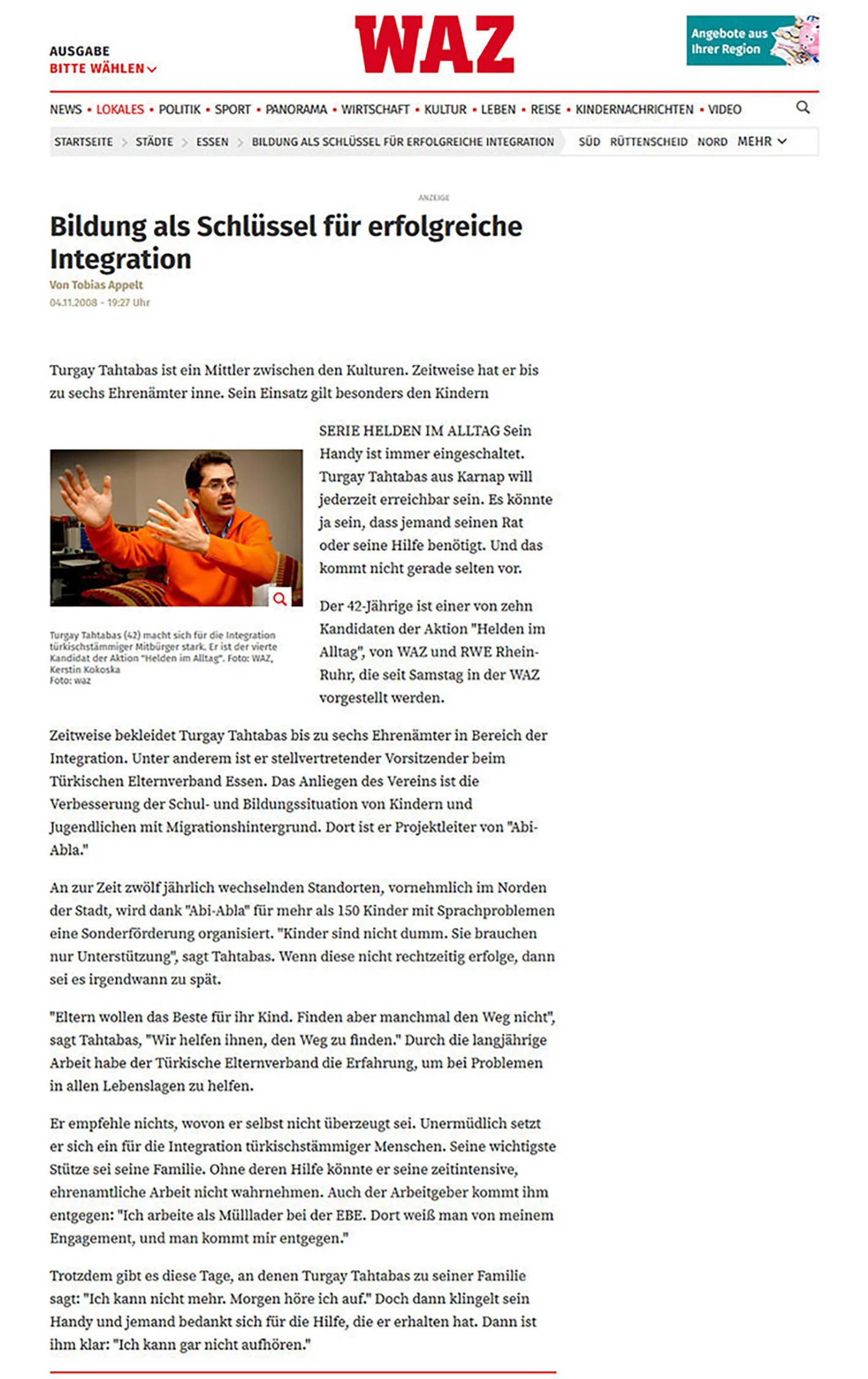 Presse-Artikel aus der WAZ von 2008 zum Thema "Bildung als Schlüssel für eine erfolgreiche Integration"