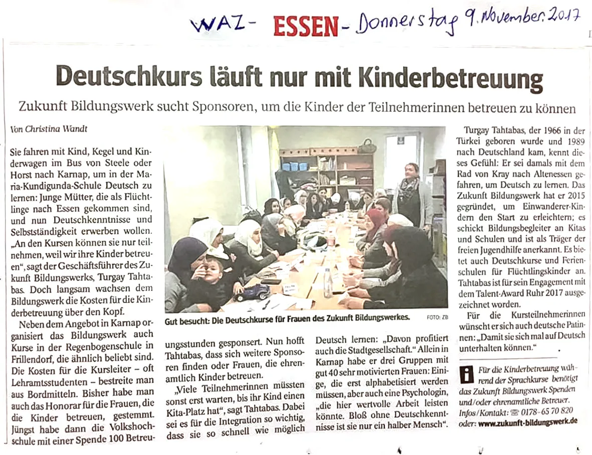 WAZ-Artikel zur Suche nach Sponsoren für die Kinerbetreuung bei Deutschkursen