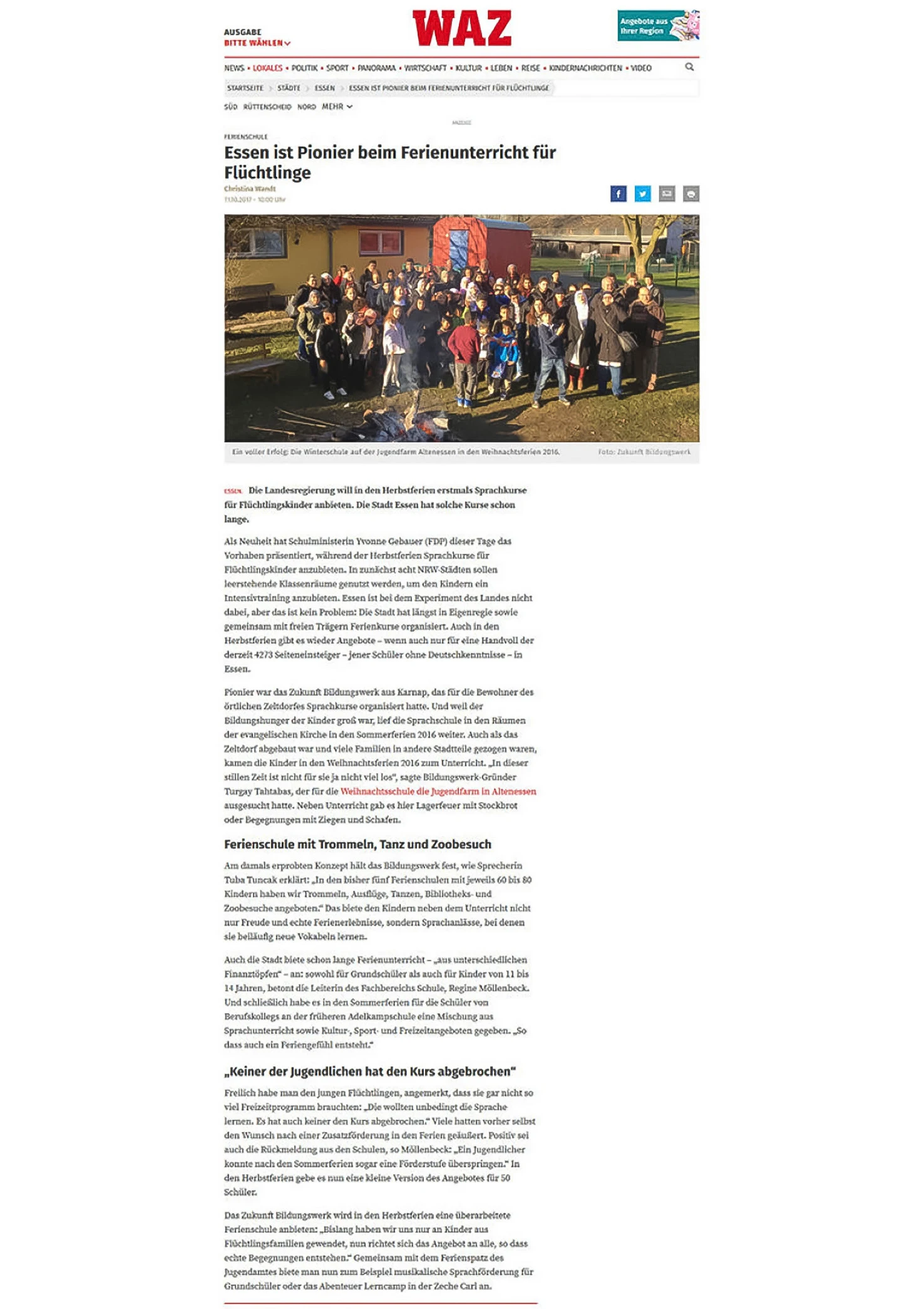 Pressemitteilung: Ferienunterricht für Flüchtlinge, Artikel der WAZ