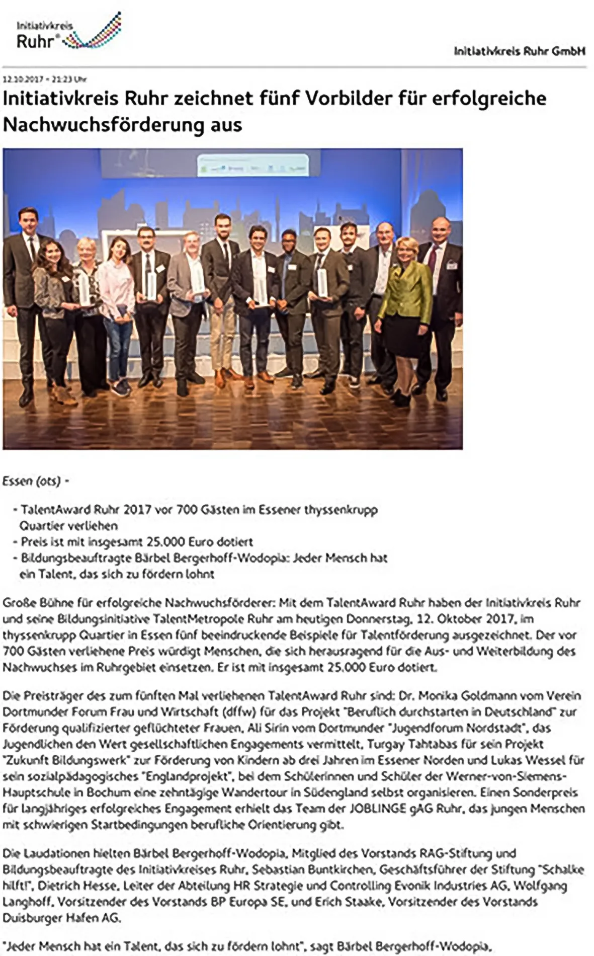 Pressemitteilung Erfolgreiche Nachwuchsförderung