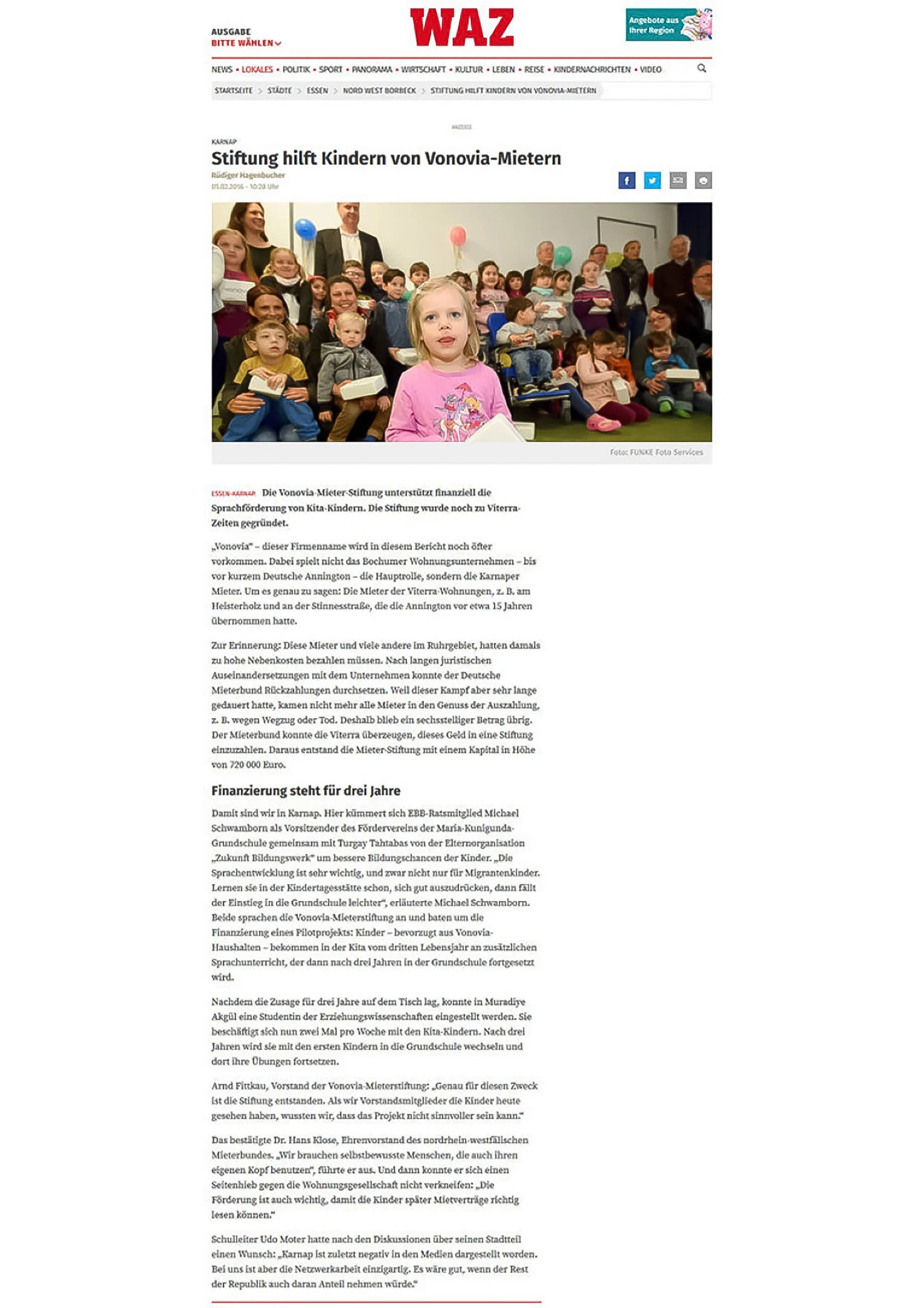 Zeitungsartikel über die Kinder-Förderung von Vonovia Mietern 