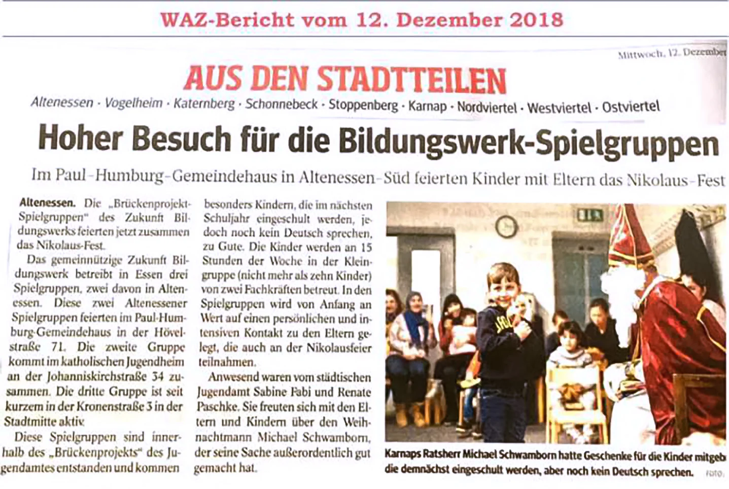 Presse-Artikel zur Nikolausfeier im Bildungswerk