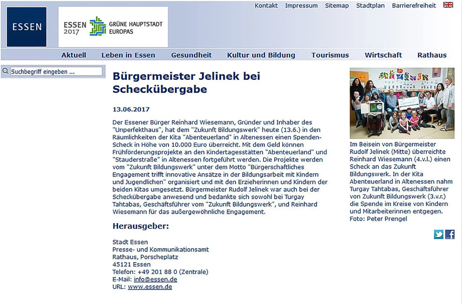 Presse-Mitteilung der Stadt Essen zur Scheckübergabe an das Bildungswerk